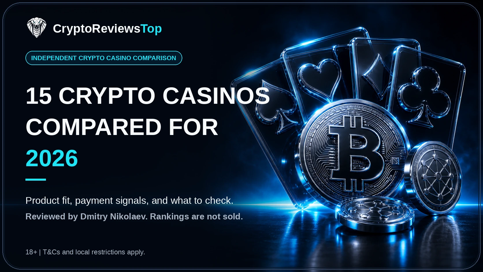 CryptoReviewsTop comparison banner with glass playing cards and crypto coins